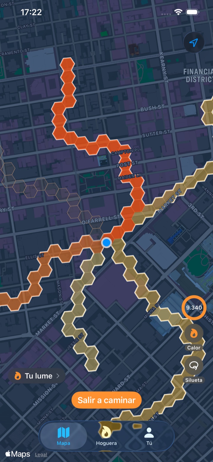 El mapa de Lume: calles de la ciudad pintadas con hexágonos naranjas por donde has caminado