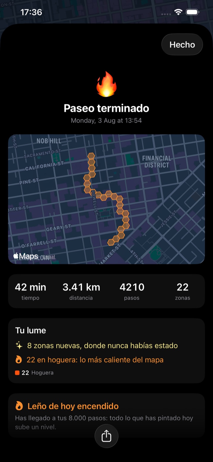 Resumen de un paseo en Lume: 42 minutos, 3,41 km, 22 zonas encendidas y el leño del día prendido